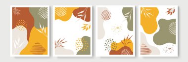 Soyut modern botanik poster koleksiyonu. Soyut şekilli organik bohem duvar resimleri posteri. Tarafsız pastel renk, yeşillik çizimi