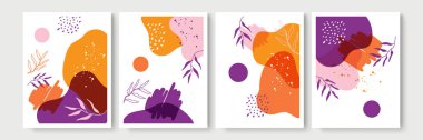 Soyut modern botanik poster koleksiyonu. Soyut şekilli organik bohem duvar resimleri posteri. Tarafsız pastel renk, yeşillik çizimi