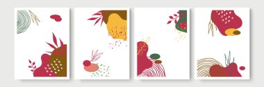 Soyut modern botanik poster koleksiyonu. Soyut şekilli organik bohem duvar resimleri posteri. Tarafsız pastel renk, yeşillik çizimi