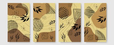 Soyut modern botanik poster koleksiyonu. Soyut şekilli organik bohem duvar resimleri posteri. Tarafsız pastel renk, yeşillik çizimi