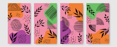 Soyut modern botanik poster koleksiyonu. Soyut şekilli organik bohem duvar resimleri posteri. Tarafsız pastel renk, yeşillik çizimi