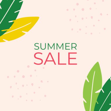 Tropikal yaprak arkaplanlı yaz indirimi afişi tasarımı. Çiçek arka plan vektörü. Palmiye yaprakları, canavar yaprağı, duvar çerçevesi, duvar resimleri, davetiye, poster için botanik arka plan tasarımı