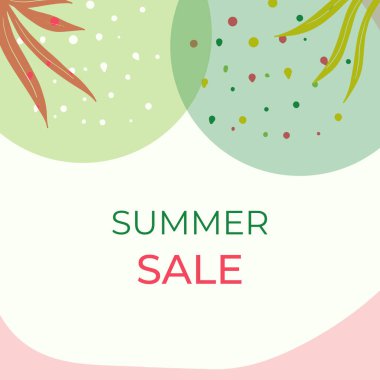 Tropikal yaprak arkaplanlı yaz indirimi afişi tasarımı. Çiçek arka plan vektörü. Palmiye yaprakları, canavar yaprağı, duvar çerçevesi, duvar resimleri, davetiye, poster için botanik arka plan tasarımı