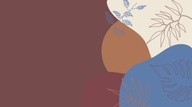 Çiçekli, yapraklı, organik, el çizimi ve çizgileri olan soyut moda evrensel sanatsal arka plan şablonları. Kapak, davetiye, afiş, pankart, broşür, poster, kart, broşür ve diğer şeyler için iyi