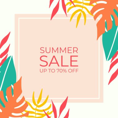 Tropikal yaprak arkaplanlı yaz indirimi afişi tasarımı. Çiçek arka plan vektörü. Palmiye yaprakları, canavar yaprağı, duvar çerçevesi, duvar resimleri, davetiye, poster için botanik arka plan tasarımı