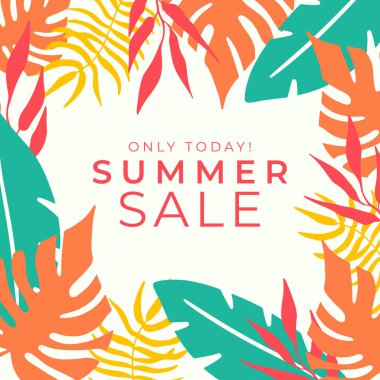 Tropikal yaprak arkaplanlı yaz indirimi afişi tasarımı. Çiçek arka plan vektörü. Palmiye yaprakları, canavar yaprağı, duvar çerçevesi, duvar resimleri, davetiye, poster için botanik arka plan tasarımı