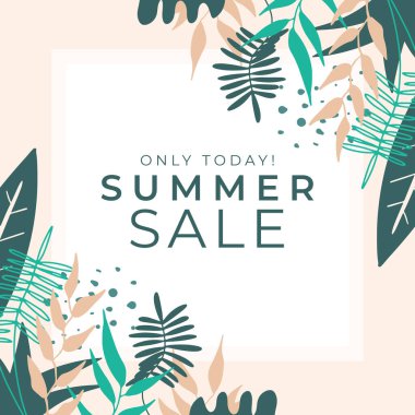 Tropikal yaprak arkaplanlı yaz indirimi afişi tasarımı. Çiçek arka plan vektörü. Palmiye yaprakları, canavar yaprağı, duvar çerçevesi, duvar resimleri, davetiye, poster için botanik arka plan tasarımı