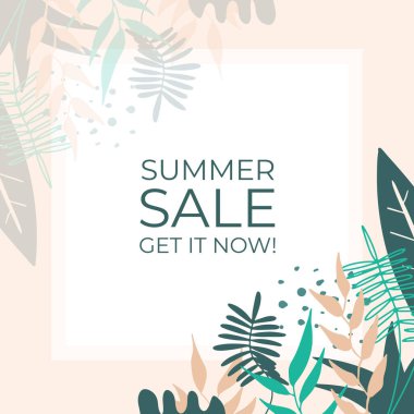 Tropikal yaprak arkaplanlı yaz indirimi afişi tasarımı. Çiçek arka plan vektörü. Palmiye yaprakları, canavar yaprağı, duvar çerçevesi, duvar resimleri, davetiye, poster için botanik arka plan tasarımı