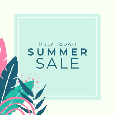 Tropikal yaprak arkaplanlı yaz indirimi afişi tasarımı. Çiçek arka plan vektörü. Palmiye yaprakları, canavar yaprağı, duvar çerçevesi, duvar resimleri, davetiye, poster için botanik arka plan tasarımı