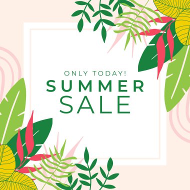 Tropikal yaprak arkaplanlı yaz indirimi afişi tasarımı. Çiçek arka plan vektörü. Palmiye yaprakları, canavar yaprağı, duvar çerçevesi, duvar resimleri, davetiye, poster için botanik arka plan tasarımı