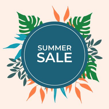 Tropikal yaprak arkaplanlı yaz indirimi afişi tasarımı. Çiçek arka plan vektörü. Palmiye yaprakları, canavar yaprağı, duvar çerçevesi, duvar resimleri, davetiye, poster için botanik arka plan tasarımı