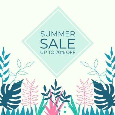 Tropikal yaprak arkaplanlı yaz indirimi afişi tasarımı. Çiçek arka plan vektörü. Palmiye yaprakları, canavar yaprağı, duvar çerçevesi, duvar resimleri, davetiye, poster için botanik arka plan tasarımı