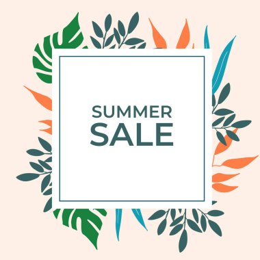 Tropikal yaprak arkaplanlı yaz indirimi afişi tasarımı. Çiçek arka plan vektörü. Palmiye yaprakları, canavar yaprağı, duvar çerçevesi, duvar resimleri, davetiye, poster için botanik arka plan tasarımı