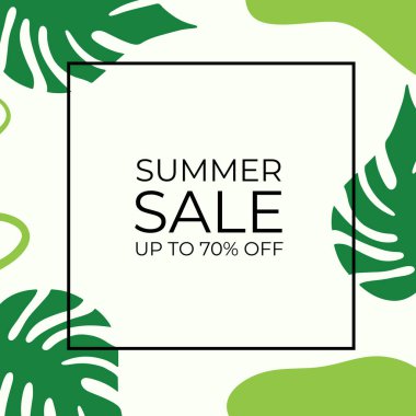 Tropikal yaprak arkaplanlı yaz indirimi afişi tasarımı. Çiçek arka plan vektörü. Palmiye yaprakları, canavar yaprağı, duvar çerçevesi, duvar resimleri, davetiye, poster için botanik arka plan tasarımı