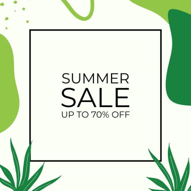 Tropikal yaprak arkaplanlı yaz indirimi afişi tasarımı. Çiçek arka plan vektörü. Palmiye yaprakları, canavar yaprağı, duvar çerçevesi, duvar resimleri, davetiye, poster için botanik arka plan tasarımı