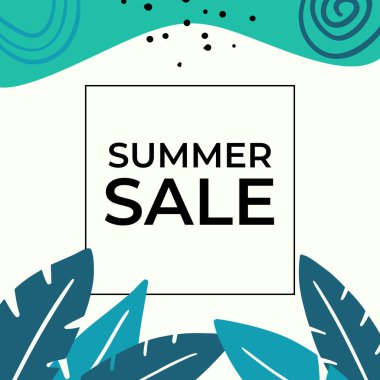 Tropikal yaprak arkaplanlı yaz indirimi afişi tasarımı. Çiçek arka plan vektörü. Palmiye yaprakları, canavar yaprağı, duvar çerçevesi, duvar resimleri, davetiye, poster için botanik arka plan tasarımı