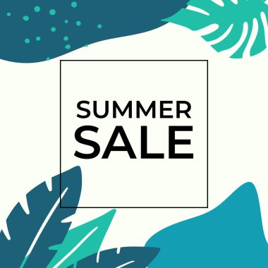 Tropikal yaprak arkaplanlı yaz indirimi afişi tasarımı. Çiçek arka plan vektörü. Palmiye yaprakları, canavar yaprağı, duvar çerçevesi, duvar resimleri, davetiye, poster için botanik arka plan tasarımı