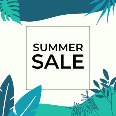 Tropikal yaprak arkaplanlı yaz indirimi afişi tasarımı. Çiçek arka plan vektörü. Palmiye yaprakları, canavar yaprağı, duvar çerçevesi, duvar resimleri, davetiye, poster için botanik arka plan tasarımı