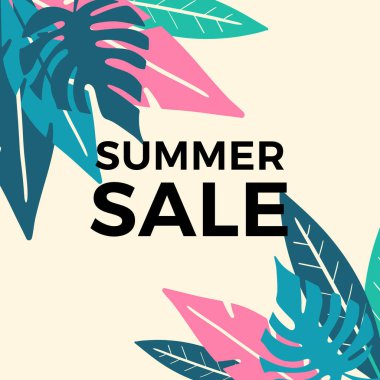 Tropikal yaprak arkaplanlı yaz indirimi afişi tasarımı. Çiçek arka plan vektörü. Palmiye yaprakları, canavar yaprağı, duvar çerçevesi, duvar resimleri, davetiye, poster için botanik arka plan tasarımı