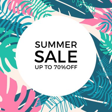 Tropikal yaprak arkaplanlı yaz indirimi afişi tasarımı. Çiçek arka plan vektörü. Palmiye yaprakları, canavar yaprağı, duvar çerçevesi, duvar resimleri, davetiye, poster için botanik arka plan tasarımı