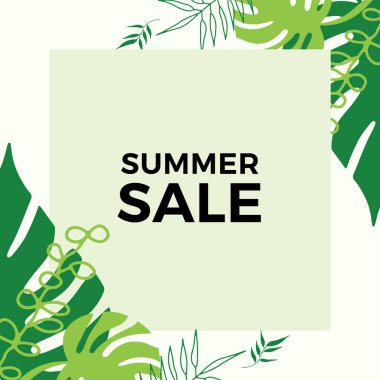 Tropikal yaprak arkaplanlı yaz indirimi afişi tasarımı. Çiçek arka plan vektörü. Palmiye yaprakları, canavar yaprağı, duvar çerçevesi, duvar resimleri, davetiye, poster için botanik arka plan tasarımı