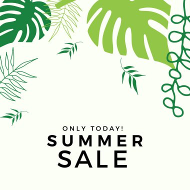 Tropikal yaprak arkaplanlı yaz indirimi afişi tasarımı. Çiçek arka plan vektörü. Palmiye yaprakları, canavar yaprağı, duvar çerçevesi, duvar resimleri, davetiye, poster için botanik arka plan tasarımı