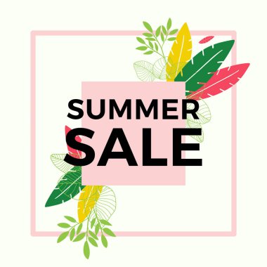 Tropikal yaprak arkaplanlı yaz indirimi afişi tasarımı. Çiçek arka plan vektörü. Palmiye yaprakları, canavar yaprağı, duvar çerçevesi, duvar resimleri, davetiye, poster için botanik arka plan tasarımı
