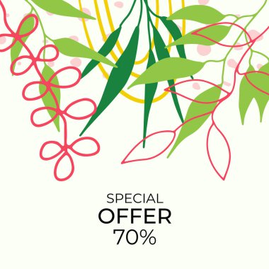 Tropikal yaprak arkaplanlı yaz indirimi afişi tasarımı. Çiçek arka plan vektörü. Palmiye yaprakları, canavar yaprağı, duvar çerçevesi, duvar resimleri, davetiye, poster için botanik arka plan tasarımı