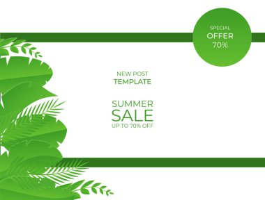 Sosyal medya çiçekli bir şablon yayınladı ve arkasında elementler bıraktı. Taze yeşil yaz arkaplanı, palmiye, yaprak, canavar. Davetiye, kartpostal, moda satışı için vektör illüstrasyonu