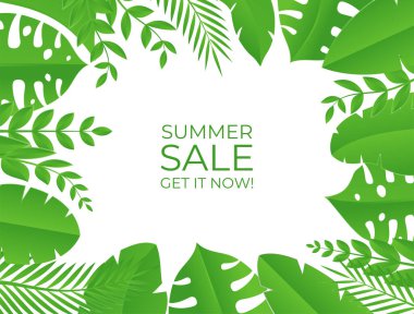 Sosyal medya çiçekli bir şablon yayınladı ve arkasında elementler bıraktı. Taze yeşil yaz arkaplanı, palmiye, yaprak, canavar. Davetiye, kartpostal, moda satışı için vektör illüstrasyonu