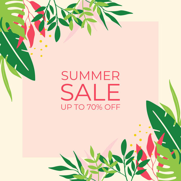 Summer sale banner design with tropical leaves background. Floral background vector. Palm leaves, monstera leaf, botanical background design for wall framed prints, wall art, invitation, poster