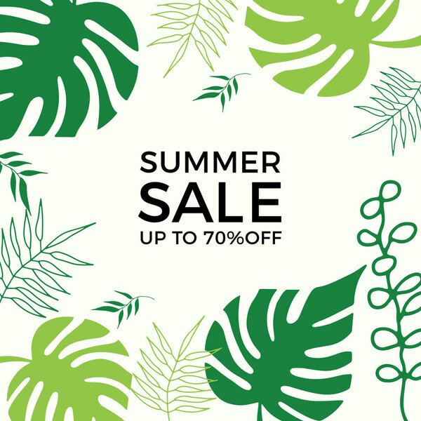 Summer sale banner design with tropical leaves background. Floral background vector. Palm leaves, monstera leaf, botanical background design for wall framed prints, wall art, invitation, poster