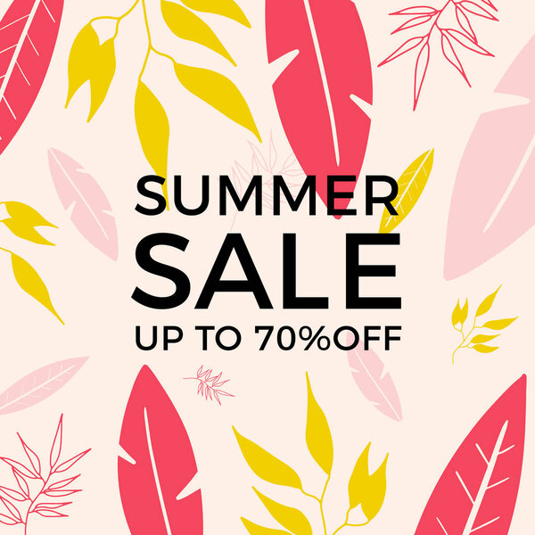 Summer sale banner design with tropical leaves background. Floral background vector. Palm leaves, monstera leaf, botanical background design for wall framed prints, wall art, invitation, poster