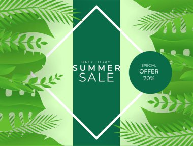 Sosyal medya çiçekli bir şablon yayınladı ve arkasında elementler bıraktı. Taze yeşil yaz arkaplanı, palmiye, yaprak, canavar. Davetiye, kartpostal, moda satışı için vektör illüstrasyonu