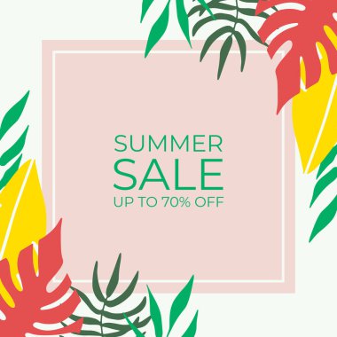 Tropikal yaprak arkaplanlı yaz indirimi afişi tasarımı. Çiçek arka plan vektörü. Palmiye yaprakları, canavar yaprağı, duvar çerçevesi, duvar resimleri, davetiye, poster için botanik arka plan tasarımı