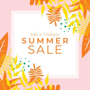 Tropikal yaprak arkaplanlı yaz indirimi afişi tasarımı. Çiçek arka plan vektörü. Palmiye yaprakları, canavar yaprağı, duvar çerçevesi, duvar resimleri, davetiye, poster için botanik arka plan tasarımı