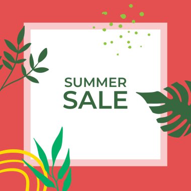Tropikal yaprak arkaplanlı yaz indirimi afişi tasarımı. Çiçek arka plan vektörü. Palmiye yaprakları, canavar yaprağı, duvar çerçevesi, duvar resimleri, davetiye, poster için botanik arka plan tasarımı