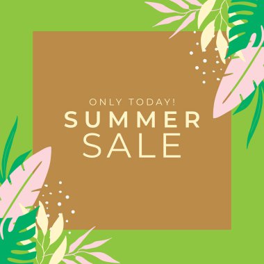 Tropikal yaprak arkaplanlı yaz indirimi afişi tasarımı. Çiçek arka plan vektörü. Palmiye yaprakları, canavar yaprağı, duvar çerçevesi, duvar resimleri, davetiye, poster için botanik arka plan tasarımı