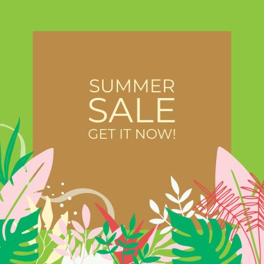 Tropikal yaprak arkaplanlı yaz indirimi afişi tasarımı. Çiçek arka plan vektörü. Palmiye yaprakları, canavar yaprağı, duvar çerçevesi, duvar resimleri, davetiye, poster için botanik arka plan tasarımı