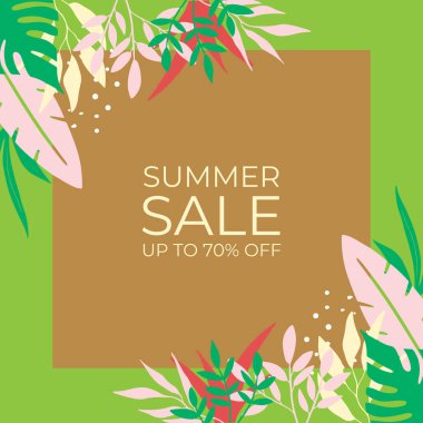 Tropikal yaprak arkaplanlı yaz indirimi afişi tasarımı. Çiçek arka plan vektörü. Palmiye yaprakları, canavar yaprağı, duvar çerçevesi, duvar resimleri, davetiye, poster için botanik arka plan tasarımı