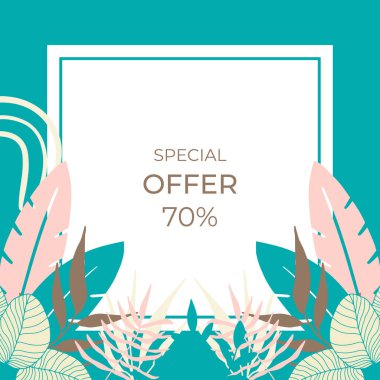 Tropikal yaprak arkaplanlı yaz indirimi afişi tasarımı. Çiçek arka plan vektörü. Palmiye yaprakları, canavar yaprağı, duvar çerçevesi, duvar resimleri, davetiye, poster için botanik arka plan tasarımı