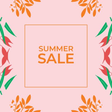 Tropikal yaprak arkaplanlı yaz indirimi afişi tasarımı. Çiçek arka plan vektörü. Palmiye yaprakları, canavar yaprağı, duvar çerçevesi, duvar resimleri, davetiye, poster için botanik arka plan tasarımı