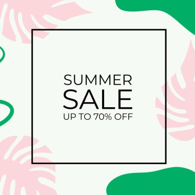 Tropikal yaprak arkaplanlı yaz indirimi afişi tasarımı. Çiçek arka plan vektörü. Palmiye yaprakları, canavar yaprağı, duvar çerçevesi, duvar resimleri, davetiye, poster için botanik arka plan tasarımı