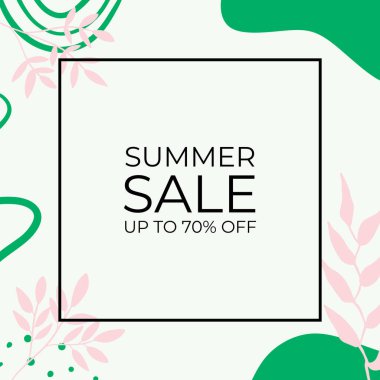 Tropikal yaprak arkaplanlı yaz indirimi afişi tasarımı. Çiçek arka plan vektörü. Palmiye yaprakları, canavar yaprağı, duvar çerçevesi, duvar resimleri, davetiye, poster için botanik arka plan tasarımı