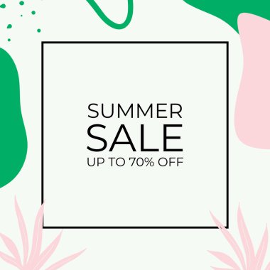 Tropikal yaprak arkaplanlı yaz indirimi afişi tasarımı. Çiçek arka plan vektörü. Palmiye yaprakları, canavar yaprağı, duvar çerçevesi, duvar resimleri, davetiye, poster için botanik arka plan tasarımı