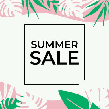 Tropikal yaprak arkaplanlı yaz indirimi afişi tasarımı. Çiçek arka plan vektörü. Palmiye yaprakları, canavar yaprağı, duvar çerçevesi, duvar resimleri, davetiye, poster için botanik arka plan tasarımı