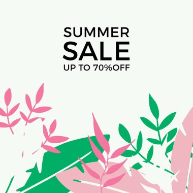 Tropikal yaprak arkaplanlı yaz indirimi afişi tasarımı. Çiçek arka plan vektörü. Palmiye yaprakları, canavar yaprağı, duvar çerçevesi, duvar resimleri, davetiye, poster için botanik arka plan tasarımı