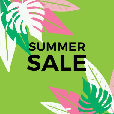Tropikal yaprak arkaplanlı yaz indirimi afişi tasarımı. Çiçek arka plan vektörü. Palmiye yaprakları, canavar yaprağı, duvar çerçevesi, duvar resimleri, davetiye, poster için botanik arka plan tasarımı