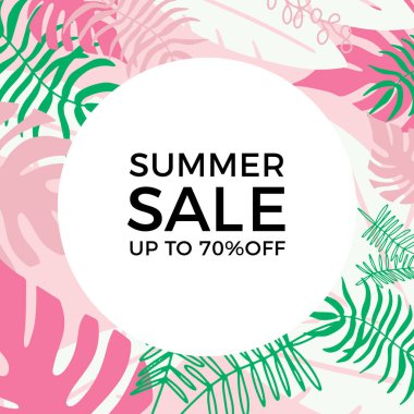 Tropikal yaprak arkaplanlı yaz indirimi afişi tasarımı. Çiçek arka plan vektörü. Palmiye yaprakları, canavar yaprağı, duvar çerçevesi, duvar resimleri, davetiye, poster için botanik arka plan tasarımı