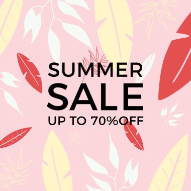 Tropikal yaprak arkaplanlı yaz indirimi afişi tasarımı. Çiçek arka plan vektörü. Palmiye yaprakları, canavar yaprağı, duvar çerçevesi, duvar resimleri, davetiye, poster için botanik arka plan tasarımı